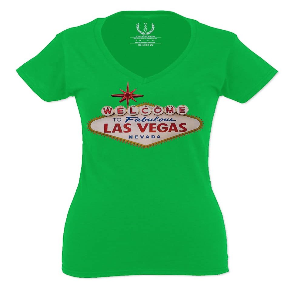 0551. Graphic Souvenir Signs Welcome to LAS Vegas Vacations Nevada for Women V Neck Fitted T Shirt (Irish Green Medium)