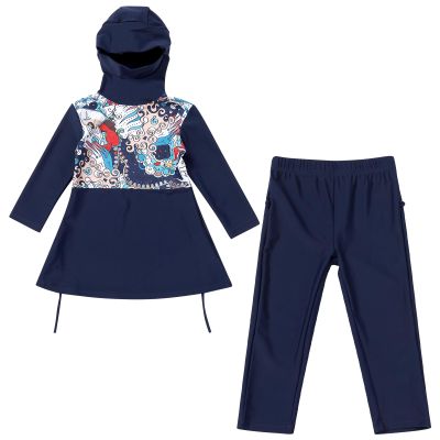 Girls Muslim Swimsuit Two Pieces Sets Modest Islamic Swimwear Full Cover Rashguard Burkini Hijab Long Sleeve Hooded Tops + Pants UPF 50+ Kids Beach Bathing Suit Summer Blue 4-5 Years