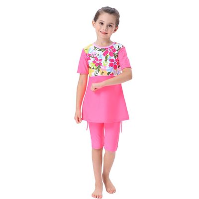 Muslim Swimsuit for Girls 2 Pieces Modest Islamic Swimwear Burkini Floral Print Top Shorts Swimming Bathing Suit Kids Rashguard Sets Bathing Suit for Summer Beachwear Short Sleeve Pink 11-12 Years