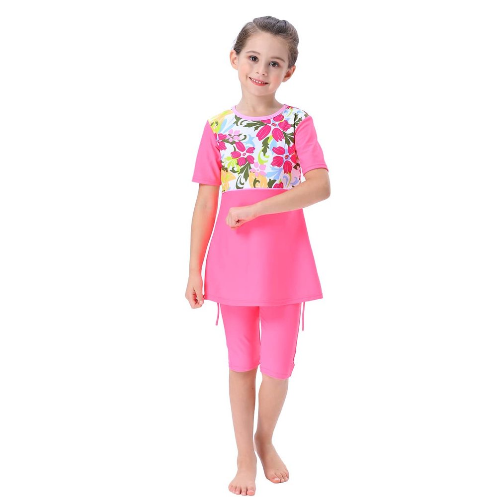 Muslim Swimsuit for Girls 2 Pieces Modest Islamic Swimwear Burkini Floral Print Top Shorts Swimming Bathing Suit Kids Rashguard Sets Bathing Suit for Summer Beachwear Short Sleeve Pink 11-12 Years