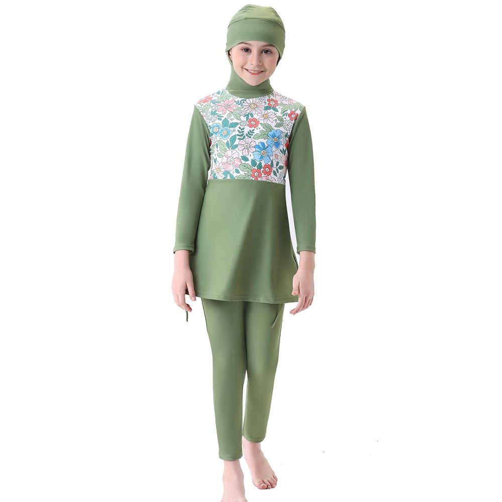Girls Muslim Swimsuit Tops + Pants UPF 50+ Full Cover Rashguard Burkini Hijab Islamic Swimwear Kids Beach Bathing Suit Two Pieces Children Surfing Diving Outfits Long Sleeve Green 9-10 Years