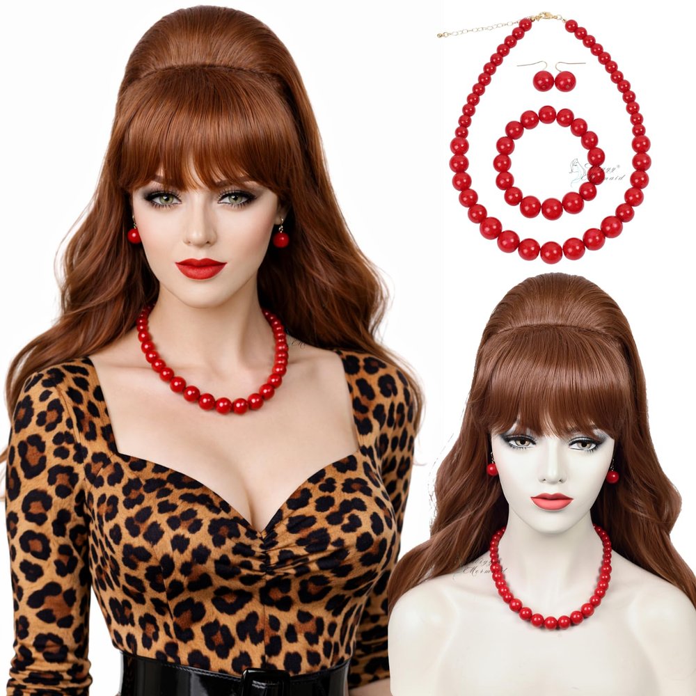 Wiggy Mermaid Beehive Wig Auburn + Necklace Earrings Bracelet Women 60s 70s Vintage Long Curly Bouffant Updo Victorian Fembot Wig 50s Costume Married Housewife Hair Wigs for Halloween Party + Cap