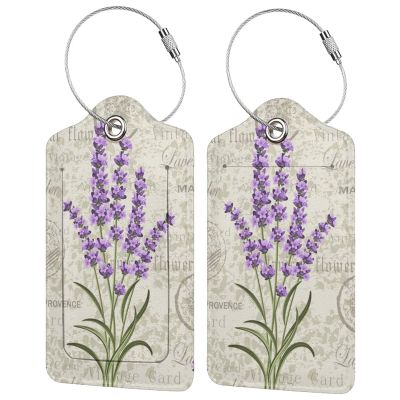 2 Pcs Purple Lavender Luggage Tags for Women Girls Travel, Cute Flower PU Leather Bag Tags Baggage for Suitcases with Stainless Steel Loop & Privacy Name ID Card Cover Identifiers Labels Set