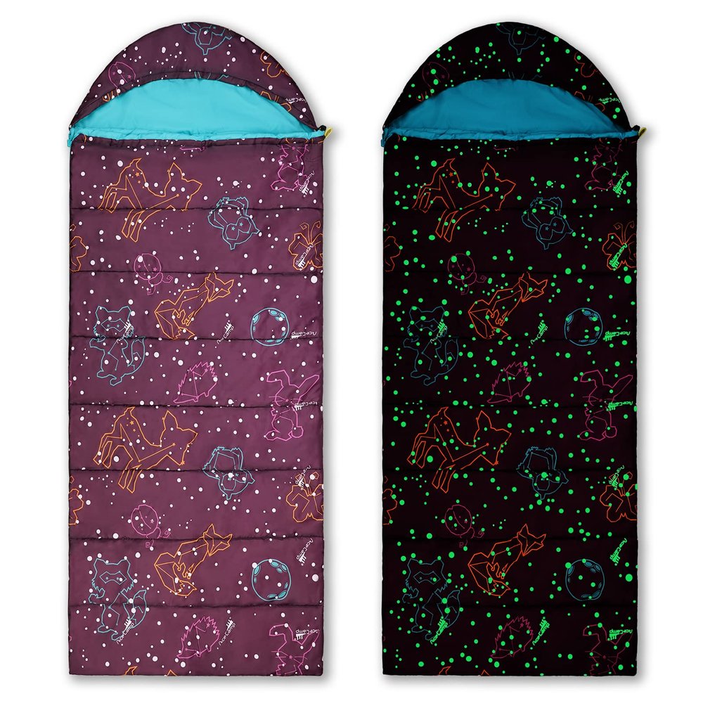 AceCamp Kids Sleeping Bag, Glow-in-The-Dark Sleeping Bag for Kids and Youth, Portable Water-Resistant Kids Sleeping Bag, Temp Rating 30F/ -1, for Camping, Hiking, Slumber Party (Kids,Purple)