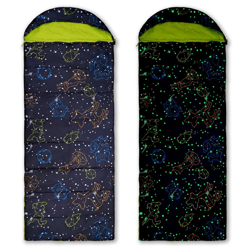 AceCamp 3 Seaons Sleeping Bags for Kids Boys and Girls, Lightweigth Glowing in The Dark, Perfect for Slumber Parties, Camping and Travel (3 Seasons, Kids, Temp 10-15)