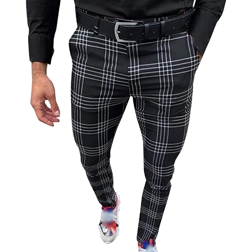 Men's Plaid Printed Pencil Pants Casual Comfy Stretch Dress Pants with Pocket Slim Slacks Skinny Tapered Trousers (Black,Small)