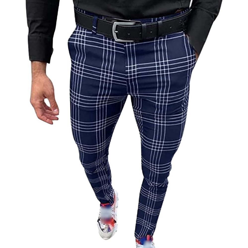 Men's Plaid Printed Pencil Pants Casual Comfy Stretch Dress Pants with Pocket Slim Slacks Skinny Tapered Trousers (Blue,Medium)