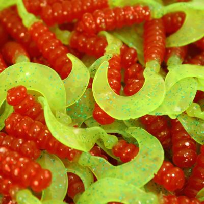 2" Red/Chartreuse Hot Grubs Twister Tails Crappie Walleye Bass Fishing Lures 100 Pack