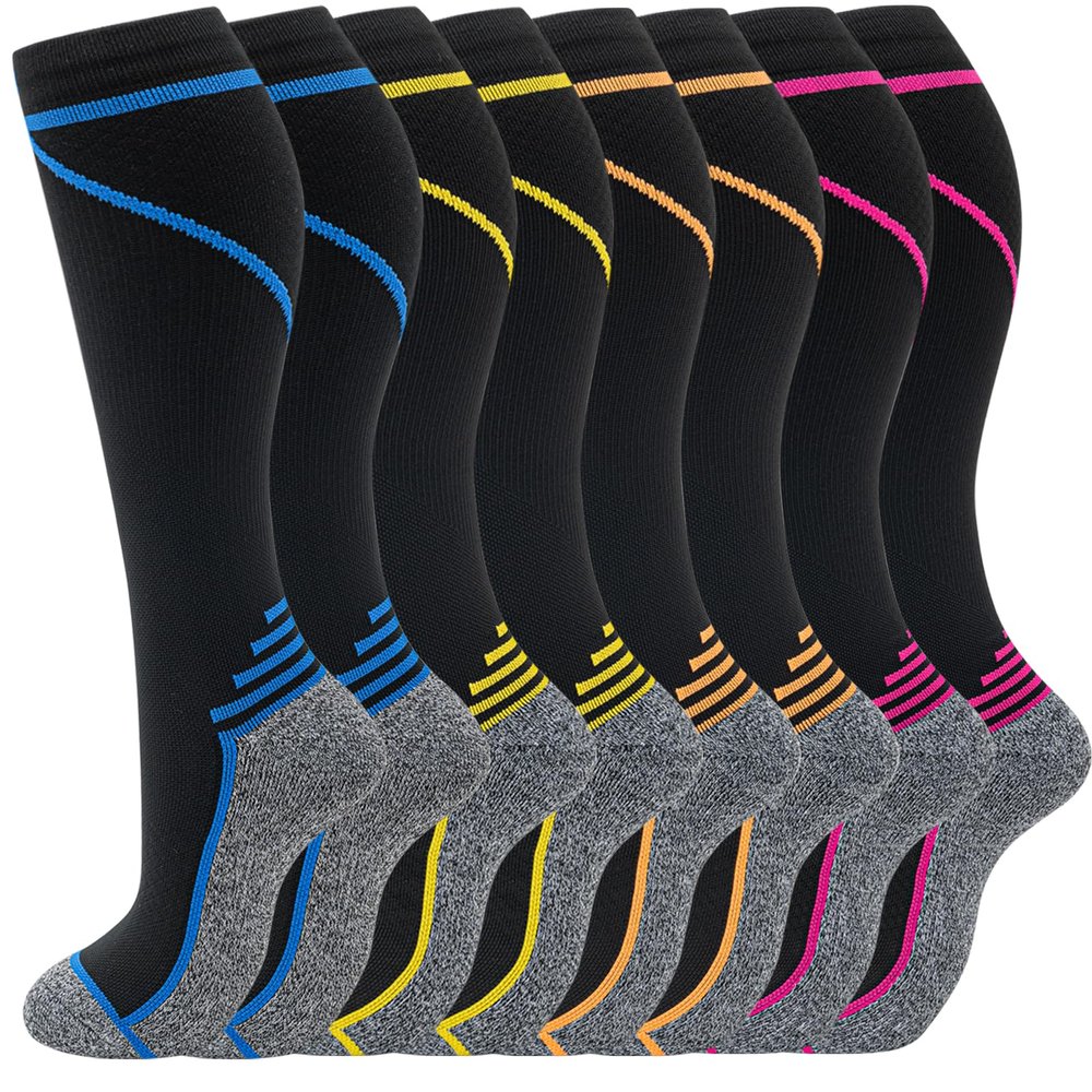 fenglaoda 8 Pairs Compression Socks for Men & Women 20-30 mmHg Knee High Nurse Pregnant Running Medical and Travel Athletic(S/M,Multi02)