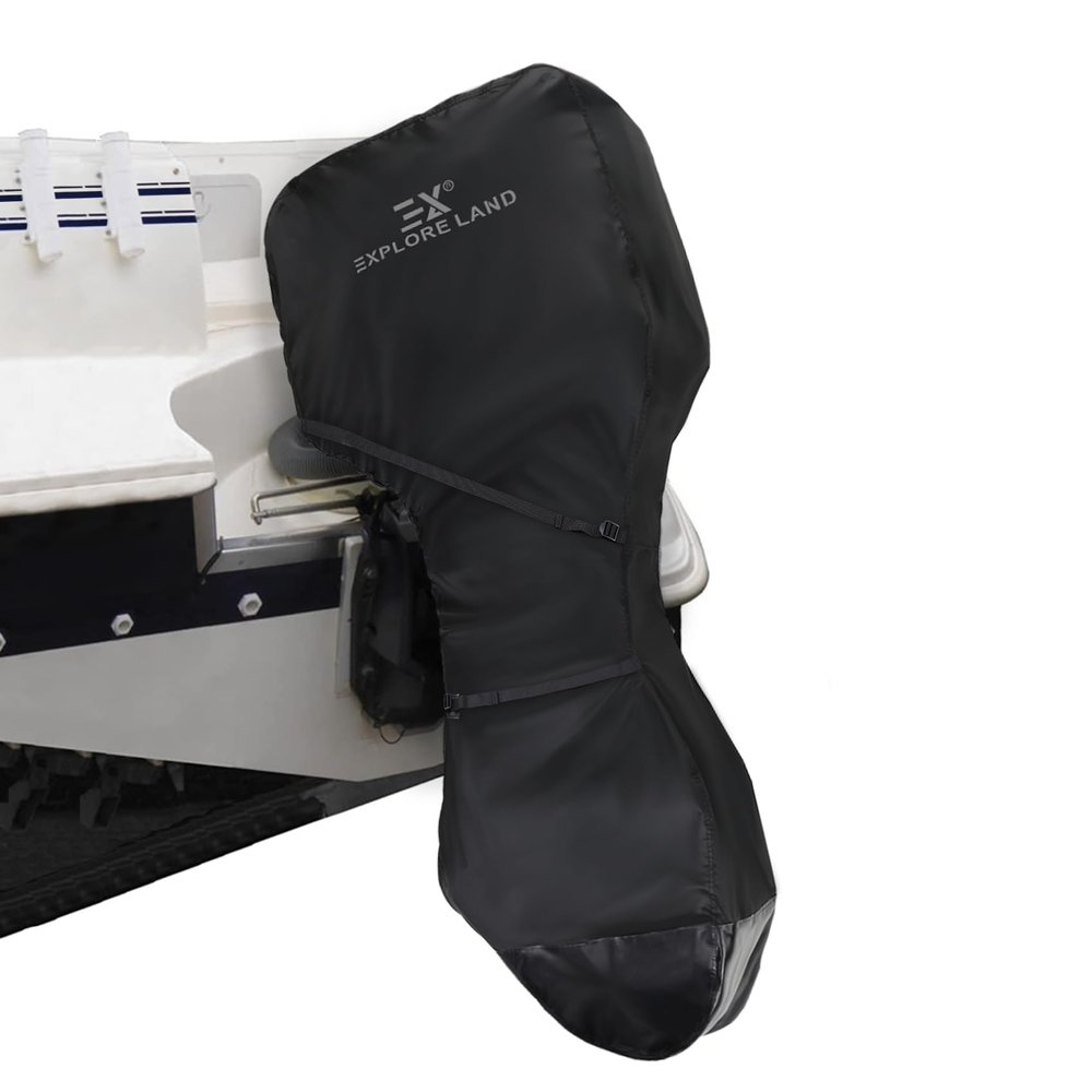 Explore Land Fade Resistant Full Outboard Motor Cover - Waterproof Upgraded Strong 600D Heavy Duty Boat Engine Covers Fit for Motor 60-100 HP, Black