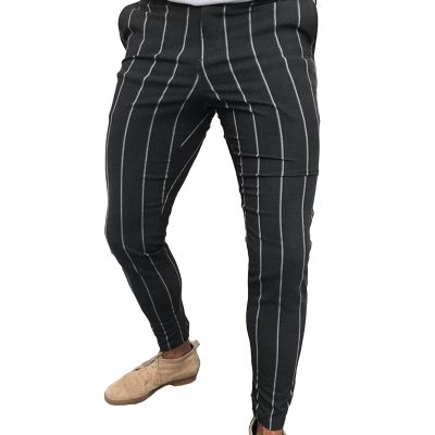 JEsilunmaMY Slim Fit Slacks for Men Mid Waist Striped Skinny Pencil Trousers Casual Business Stretch Dress Pants with Pocket (Black,X-Large)