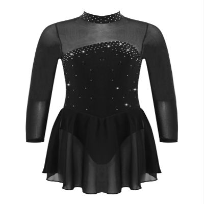 CHICTRY Youth Girls Mesh Splice Long Sleeve Rhinestone Figure Ice Skating Dress Ballet Tutu Leotard Dress Black 10 Years