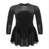 CHICTRY Youth Girls Mesh Splice Long Sleeve Rhinestone Figure Ice Skating Dress Ballet Tutu Leotard Dress Black 10 Years view 1