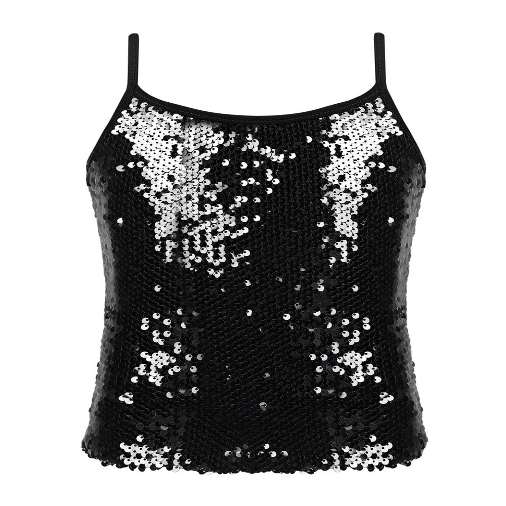 Moggemol Kids Girls Sparkle Sequins Dance Tops Camisole Shirt Tank Top for Jazz Modern Dance Cheer Performance Black 14 Years