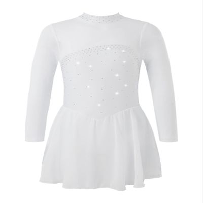 CHICTRY Youth Girls Mesh Splice Long Sleeve Rhinestone Figure Ice Skating Dress Ballet Tutu Leotard Dress White 16 Years