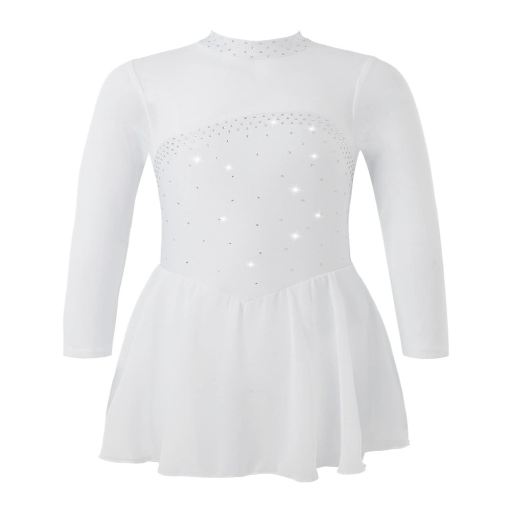 CHICTRY Youth Girls Mesh Splice Long Sleeve Rhinestone Figure Ice Skating Dress Ballet Tutu Leotard Dress White 16 Years