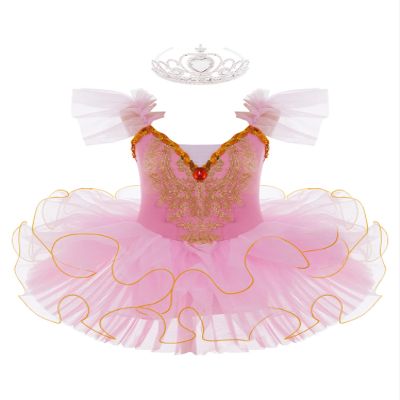 Aislor Girls Rhinestone Ruffle Flying Sleeve Professional Ballet Tutu Dress Contemporary Modern Swan Lake Dance Costume Pink 9-10 Years