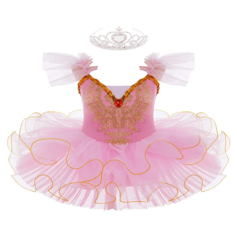 Aislor Girls Rhinestone Ruffle Flying Sleeve Professional Ballet Tutu Dress Contemporary Modern Swan Lake Dance Costume Pink 9-10 Years