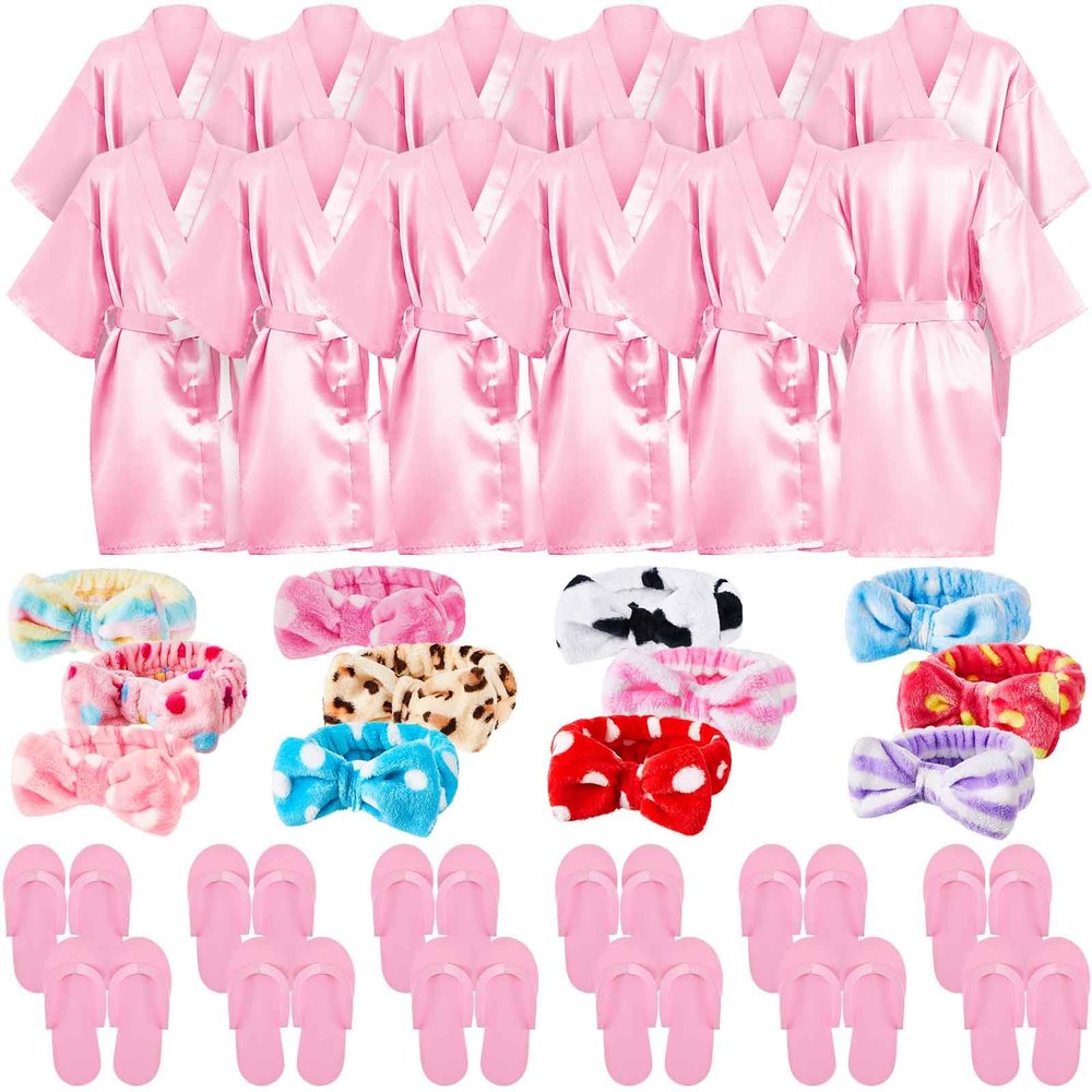 Xuhal 36 Pcs Spa Party Supplies for Girls 12 Kimono Robe V Neck Bathrobe 12 Soft Spa Headband 12 Disposable Foam Slippers small size(Size 6,Pink)