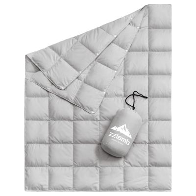 zzlamb Down Camping Blanket Light Grey, Warm Outdoor Travel Blanket Indoor Down Throw 650 Fill Power, Lightweight & Portable for Couch Backpacking Stadium Plane Picnic RV Beach, 50x77in