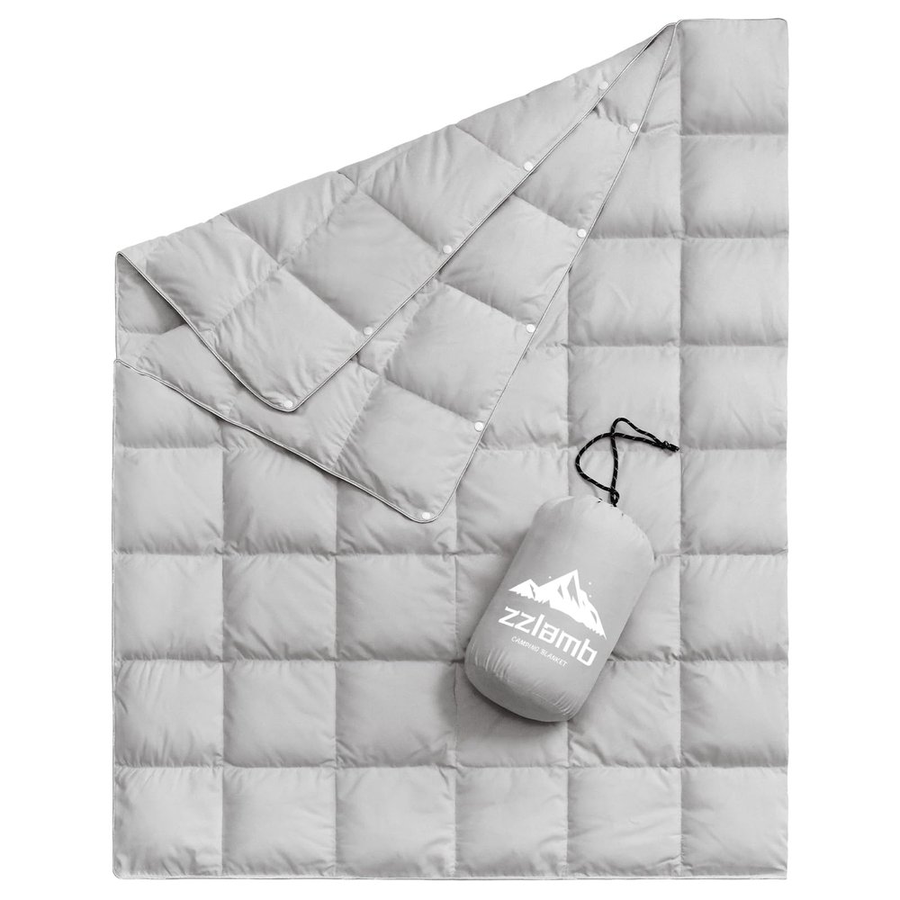 zzlamb Down Camping Blanket Light Grey, Warm Outdoor Travel Blanket Indoor Down Throw 650 Fill Power, Lightweight & Portable for Couch Backpacking Stadium Plane Picnic RV Beach, 50x77in