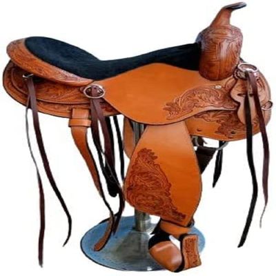 Handcarved Genuine Leather Western Barrel Racing Horse Saddle with Suede Fiber Glass Seat and Fiber Glass Tree, Brown 16 Inch