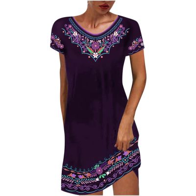 Mexican Peasant Ethnic Dress for Women Summer Boho Floral Embroidered Flowy Tunic Dresses Loose Hippie T Shirt Dress Purple
