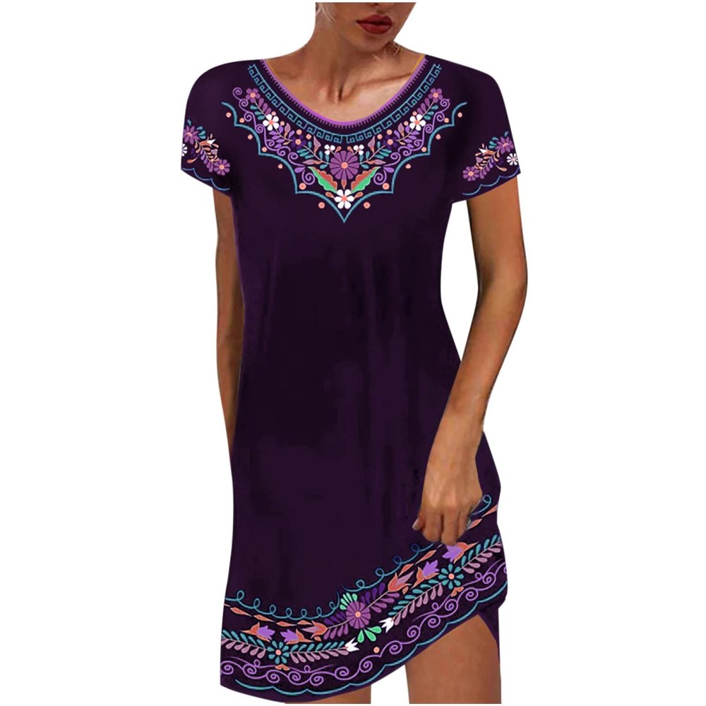 Mexican Peasant Ethnic Dress for Women Summer Boho Floral Embroidered Flowy Tunic Dresses Loose Hippie T Shirt Dress Purple