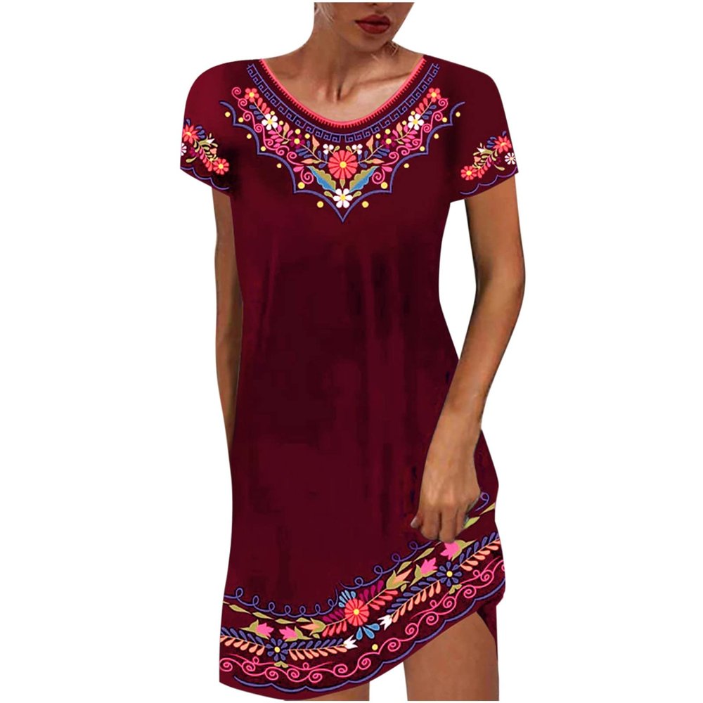 Mexican Peasant Ethnic Dress for Women Summer Boho Floral Embroidered Flowy Tunic Dresses Loose Hippie T Shirt Dress Wine