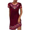 Mexican Peasant Ethnic Dress for Women Summer Boho Floral Embroidered Flowy Tunic Dresses Loose Hippie T Shirt Dress Wine view 1