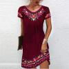 Mexican Peasant Ethnic Dress for Women Summer Boho Floral Embroidered Flowy Tunic Dresses Loose Hippie T Shirt Dress Wine view 2