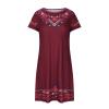 Mexican Peasant Ethnic Dress for Women Summer Boho Floral Embroidered Flowy Tunic Dresses Loose Hippie T Shirt Dress Wine view 3