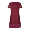 Mexican Peasant Ethnic Dress for Women Summer Boho Floral Embroidered Flowy Tunic Dresses Loose Hippie T Shirt Dress Wine view 4