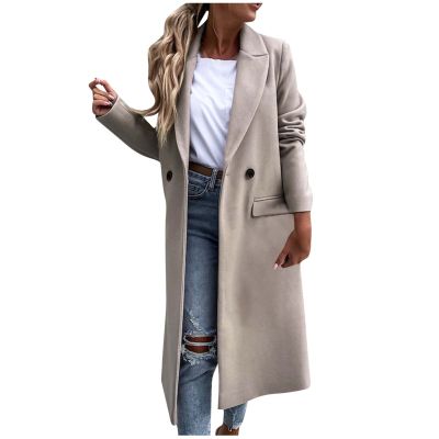 tuduoms Women's Double Breasted Duster Trench Coat Slim Mid-length Maxi Long Overcoat Elegant Solid Color Wool Blend Pea Coat