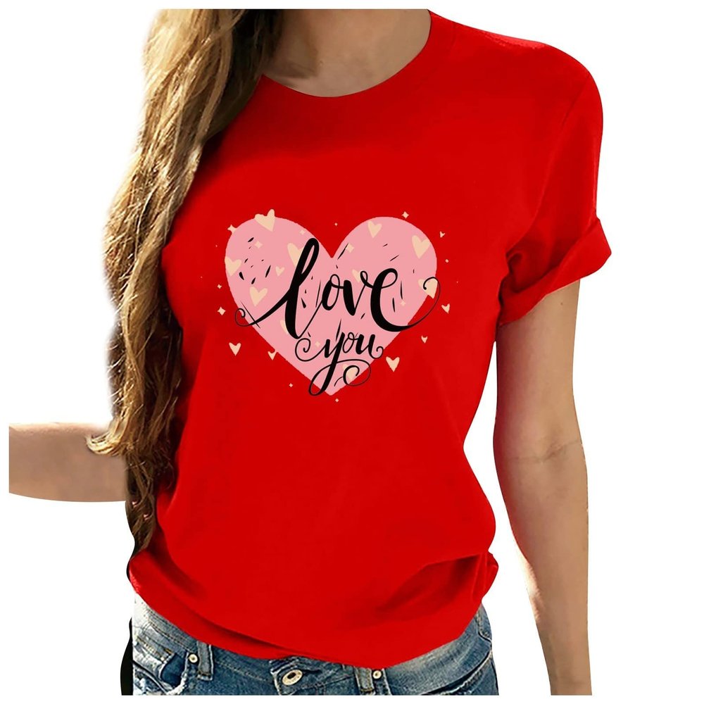 Women Love Heart Graphic Tees Shirt Short Sleeve Tops Tshirts Regular Fit Tunic Blouse Cute Funny Gift Clothes 2023