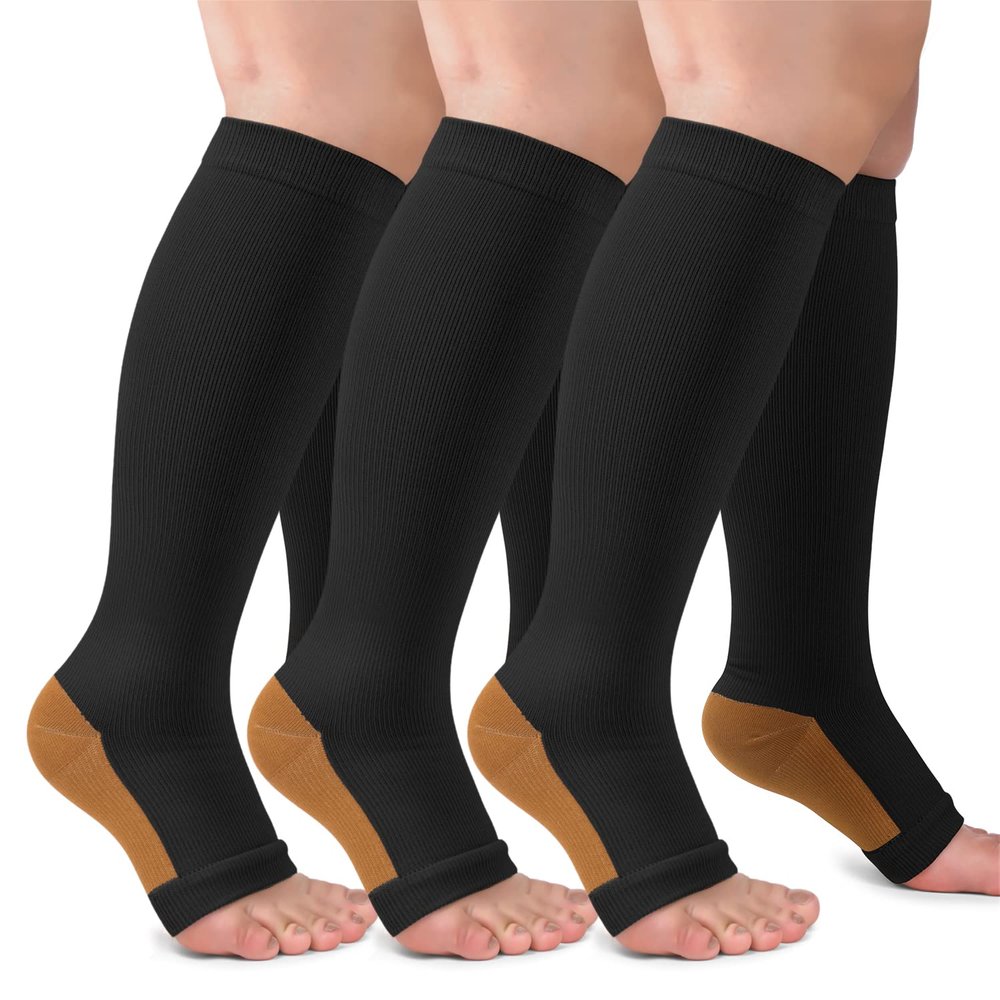 CTHH 3 Pack Open Toe Compression Socks for Women & Men, Toeless Knee High Stockings for Circulation Support, Copper Black Large-X-Large