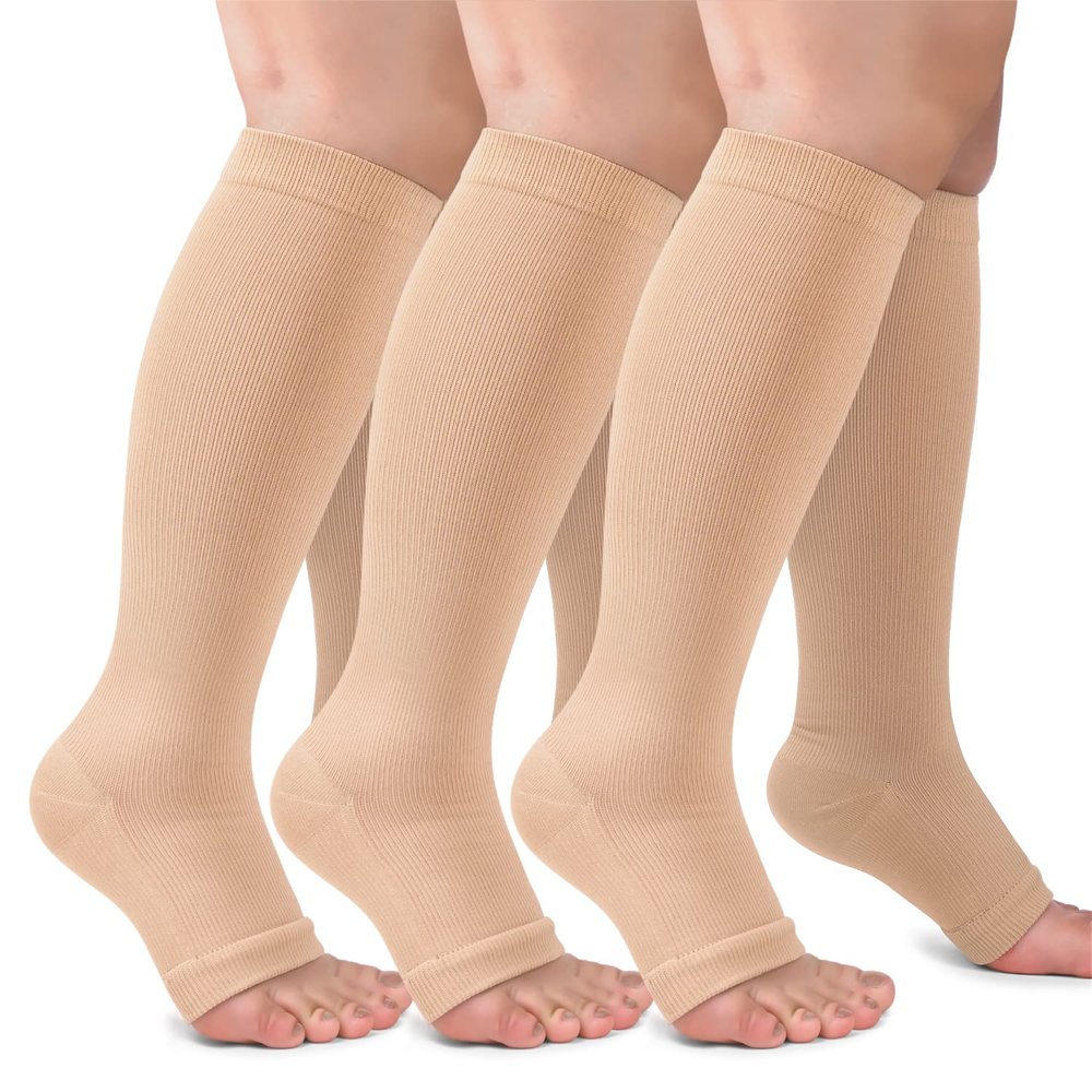 CTHH 3 Pack Open Toe Compression Socks for Women & Men, Toeless Knee High Stockings for Circulation Support, Nude Small-Medium