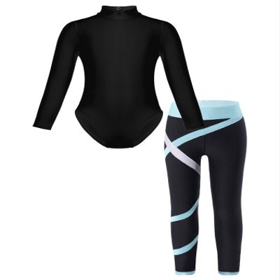 TiaoBug Kids Girls Long Sleeves Gymnastics Ballet Dance Leotard and Leggings Athletic Dancewear Activewear Set Light Blue 9-10 Years