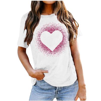 Women Love Heart Graphic Tees Shirt Short Sleeve Tops Tshirts Regular Fit Tunic Blouse Cute Funny Gift Clothes 2023