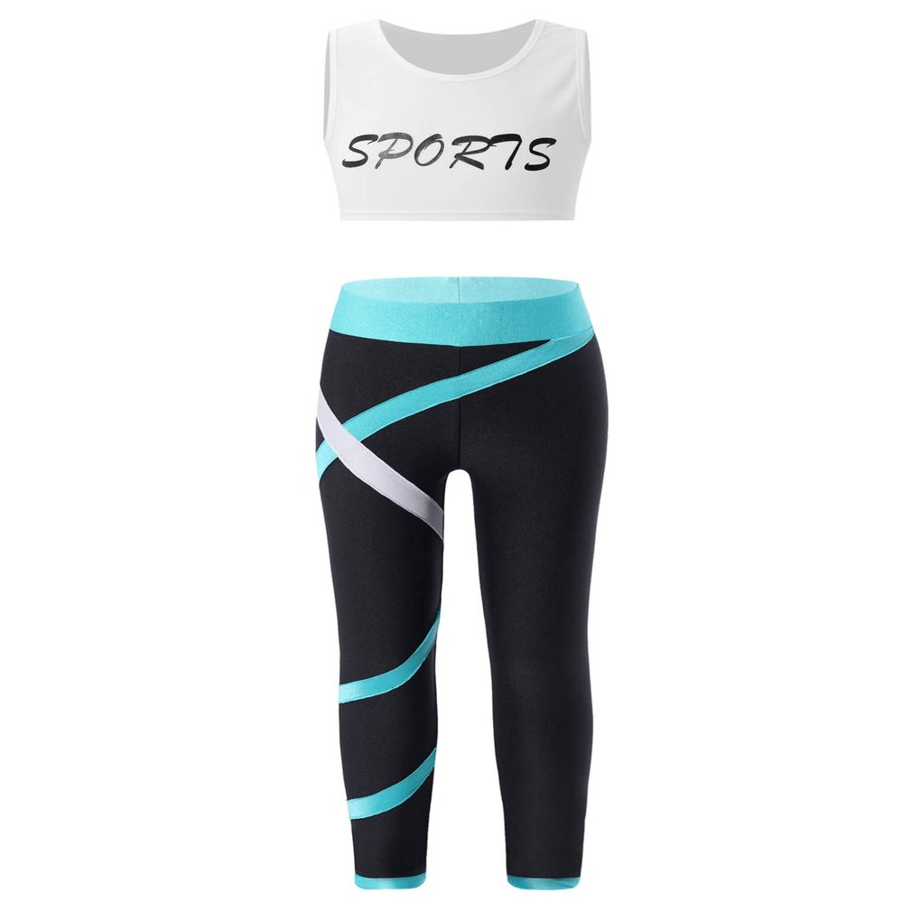 TiaoBug Kid Girls Athletic Crop Tops and Gymnastics Leggings 2 Piece Dance Clothes Set Sports Gym Workout Outfits White&Green 12 Years