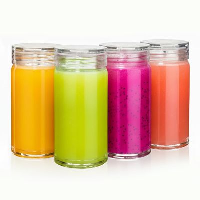 Glass Water Bottles, 4-Pack Wide Mouth, Clear Lids, Borosilicate, 10oz