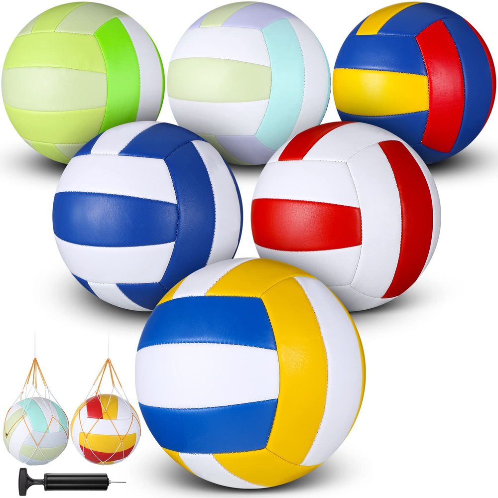 Woanger 6 Pcs Volleyballs Official Size 5 Waterproof Soft Recreational Volleyball with Pump and Net Bag Indoor Outdoor Beach Sports Gym Back to School(Blue Yellow Red White)