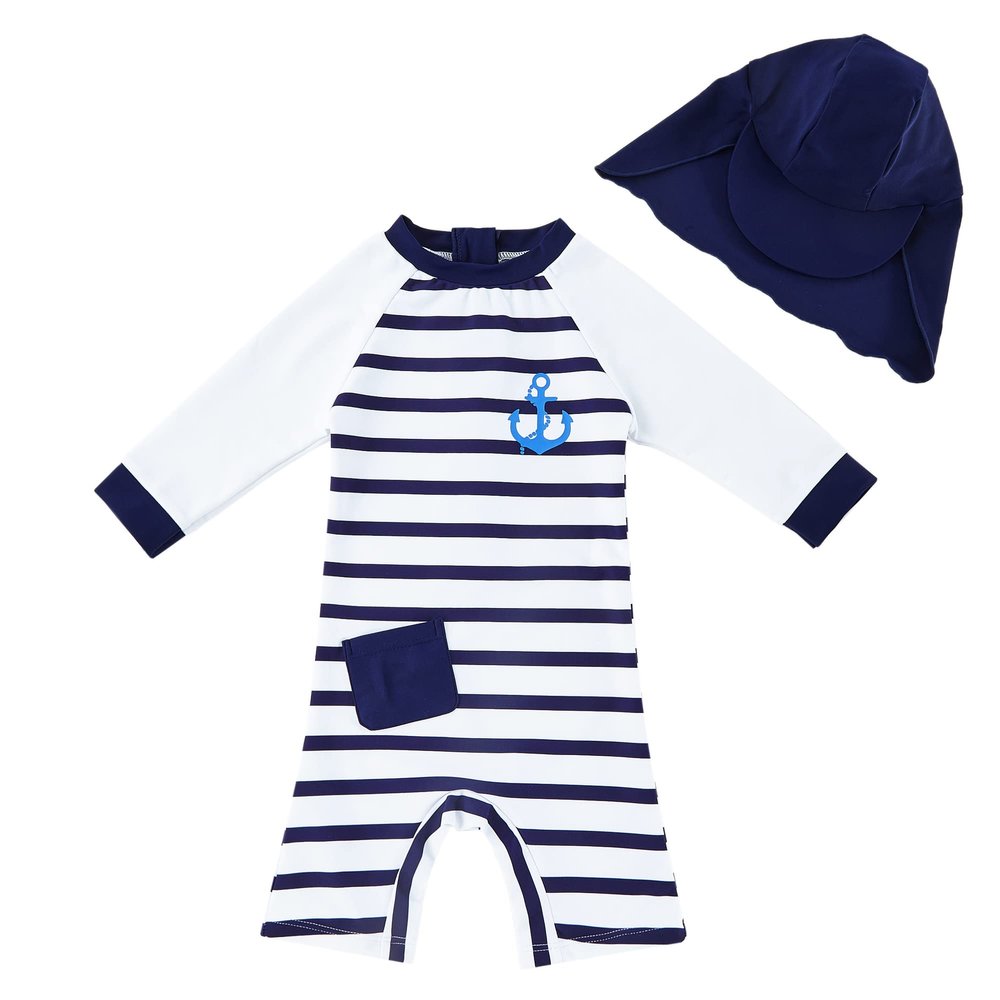 upandfast Baby Boy One Piece Zip Sunsuits with Sun Hat UPF 50+ Sun Protection Infant Beach Swimsuit (White, 6-9 Months)