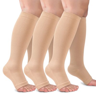 CTHH 3 Pack Open Toe Compression Socks for Women & Men, Toeless Knee High Stockings for Circulation Support, Nude 4X-Large