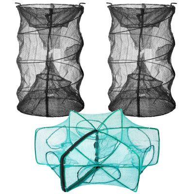 Woanger 3 Pcs Minnow Trap, Include 2 Fishing Bait Trap 1 Cylindrical Hexagon Crab Crawfish Trap, Lobster Shrimp Collapsible Cast Nets Portable Folded Fishing Accessories,12x21.65 Inches