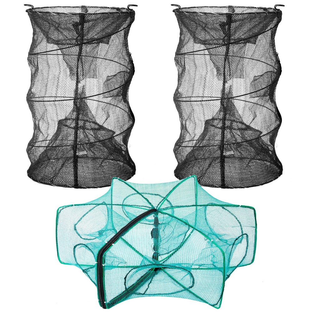 Woanger 3 Pcs Minnow Trap, Include 2 Fishing Bait Trap 1 Cylindrical Hexagon Crab Crawfish Trap, Lobster Shrimp Collapsible Cast Nets Portable Folded Fishing Accessories,12x21.65 Inches
