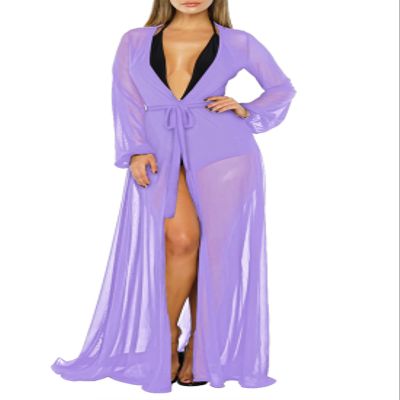 Pink Queen Women's Sexy Bikini Cover Up Beach Swimwear Kimono Cardigan Tie Front Robe Maxi Long Swim Coverup Purple XL