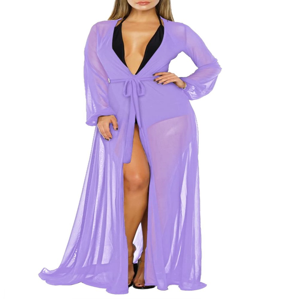 Pink Queen Women's Sexy Bikini Cover Up Beach Swimwear Kimono Cardigan Tie Front Robe Maxi Long Swim Coverup Purple XL