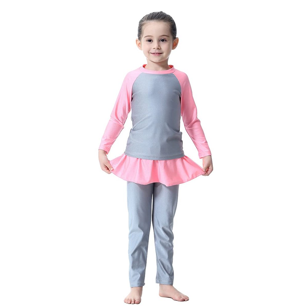 Kids Muslim Swimsuit for Girls Full Cover Burkini Swimsuits For Girl Long Sleeve Top Pants Cap Bathing Suit Toddler Baby Modest Islamic Swimwear Traje De Bao Musulmn Para Nias Gray Pink 9-10T