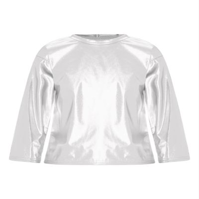 Kaerm Kids Boys Girls Shiny Metallic Long Sleeve Crew Neck Shirt Top Street Jazz Hip Hop Dance T-Shirt Tees Dancewear Silver 11-12 Years